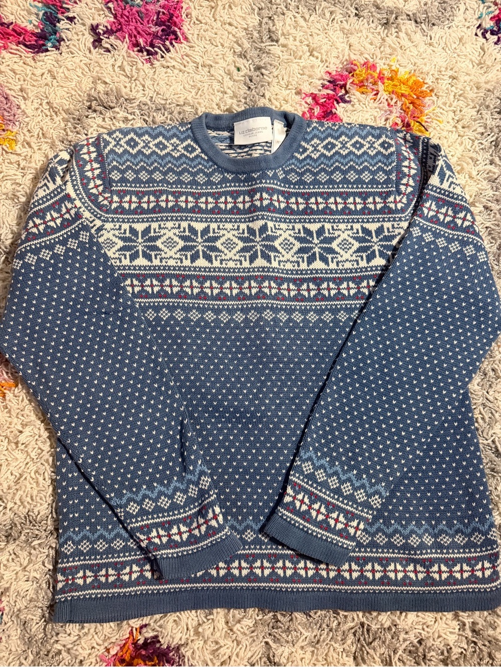Vintage Liz Claiborne Blue Fair Isle Crewneck Sweater Petite M
